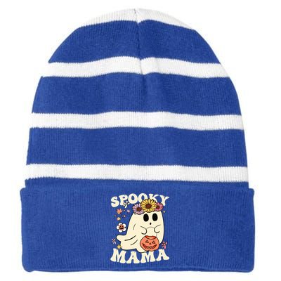 Groovy Spooky Mama Vibe Halloween Floral Ghost Spooky Season Gift Striped Beanie with Solid Band