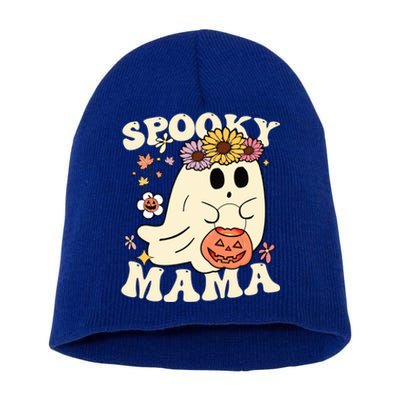 Groovy Spooky Mama Vibe Halloween Floral Ghost Spooky Season Gift Short Acrylic Beanie