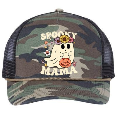 Groovy Spooky Mama Vibe Halloween Floral Ghost Spooky Season Gift Retro Rope Trucker Hat Cap