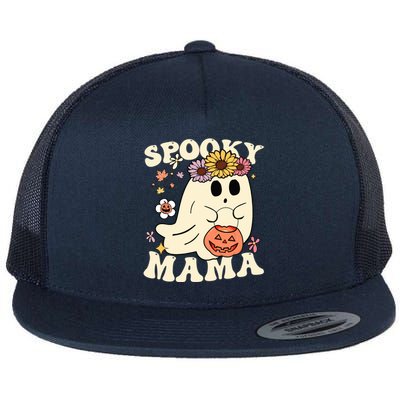 Groovy Spooky Mama Vibe Halloween Floral Ghost Spooky Season Gift Flat Bill Trucker Hat