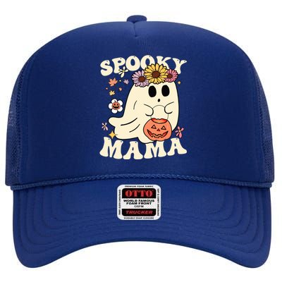 Groovy Spooky Mama Vibe Halloween Floral Ghost Spooky Season Gift High Crown Mesh Back Trucker Hat