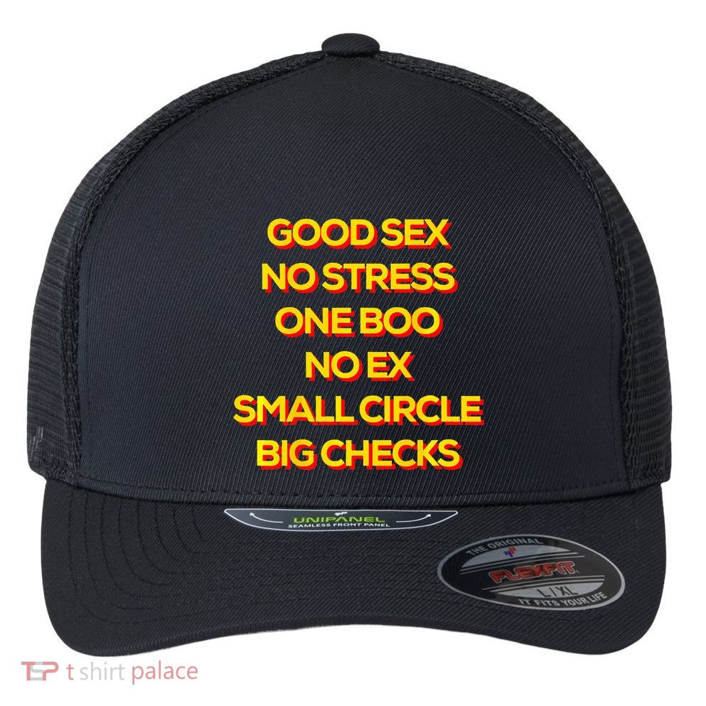 Good Sex No Stress One Boo No Ex Small Circle Big Checks Flexfit Unipanel Trucker Cap