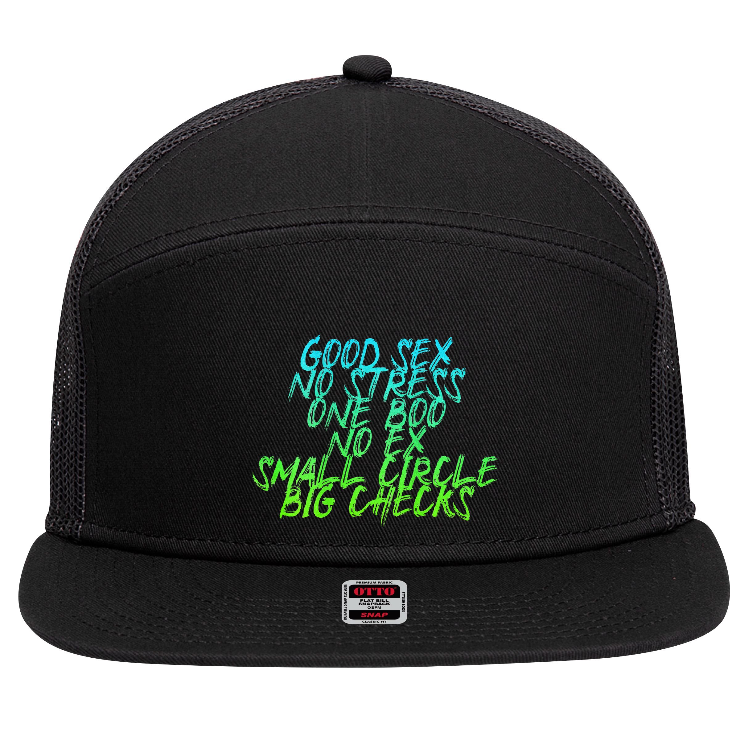 Good Sex No Stress One Boo No Ex Small Circle Back Motif 7 Panel Mesh Trucker Snapback Hat