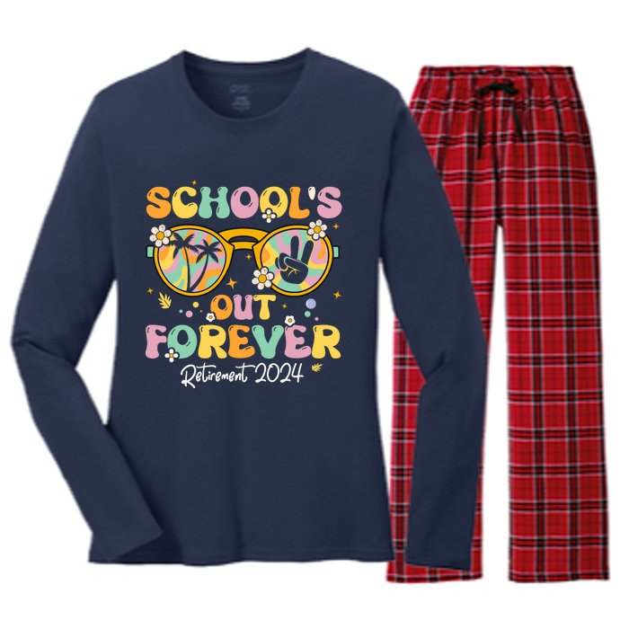 Groovy SchoolS Out Forever Retirement 2024 Retired Teacher Women's Long Sleeve Flannel Pajama Set 