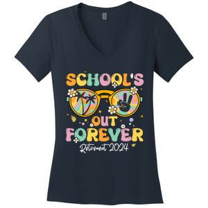 Groovy SchoolS Out Forever Retirement 2024 Retired Teacher Women's V-Neck T-Shirt