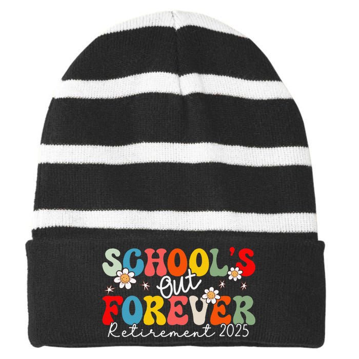 Groovy SchoolS Out Forever Retirement 2025 Retired Teacher Love Striped Beanie with Solid Band