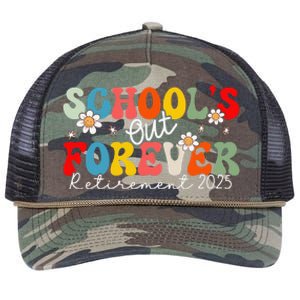 Groovy SchoolS Out Forever Retirement 2025 Retired Teacher Love Retro Rope Trucker Hat Cap