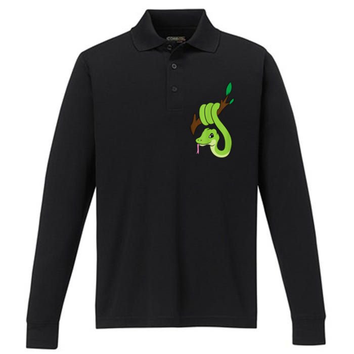 Green Snake On Branch Reptiles Kids Snakes Performance Long Sleeve Polo