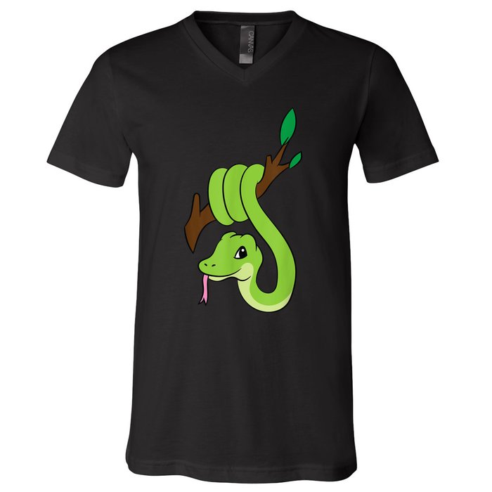 Green Snake On Branch Reptiles Kids Snakes V-Neck T-Shirt