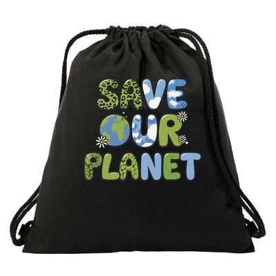 Groovy Save Our Planet Earth Day for Women Drawstring Bag
