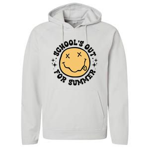 Groovy Schools Out For Summer Smile Face Last Day Of School Performance Fleece Hoodie