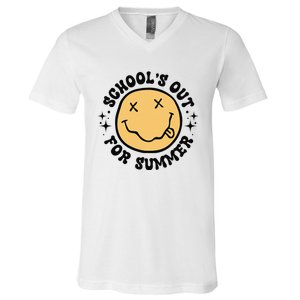 Groovy Schools Out For Summer Smile Face Last Day Of School V-Neck T-Shirt