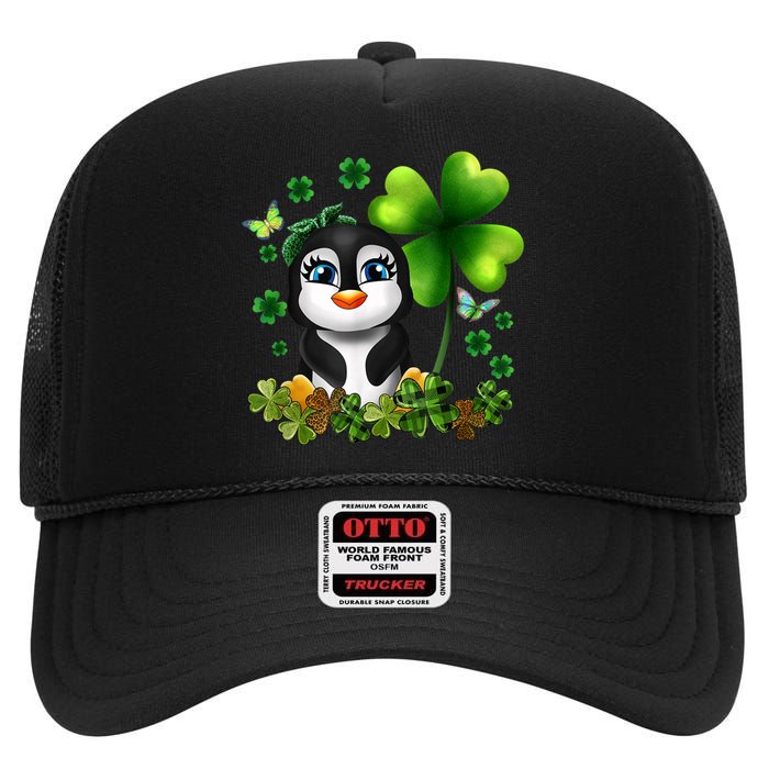 Girls St Patricks Day Gift For Penguin Kids Green Shamrock Women Gift High Crown Mesh Back Trucker Hat