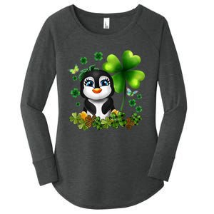 Girls St Patricks Day Gift For Penguin Kids Green Shamrock Women Gift Women's Perfect Tri Tunic Long Sleeve Shirt