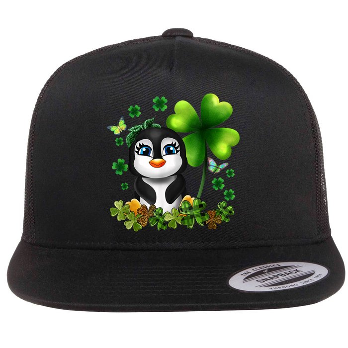 Girls St Patricks Day Gift For Penguin Kids Green Shamrock Women Gift Flat Bill Trucker Hat