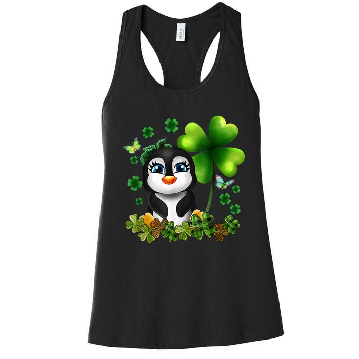 Girls St Patricks Day Gift For Penguin Kids Green Shamrock Women Gift Women's Racerback Tank