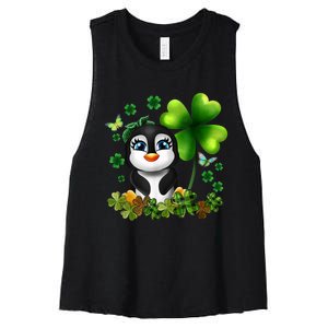 Girls St Patricks Day Gift For Penguin Kids Green Shamrock Women Gift Women's Racerback Cropped Tank