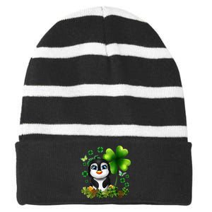 Girls St Patricks Day Gift For Penguin Kids Green Shamrock Women Gift Striped Beanie with Solid Band