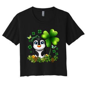 Girls St Patricks Day Gift For Penguin Kids Green Shamrock Women Gift Women's Crop Top Tee