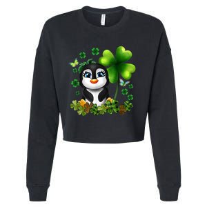 Girls St Patricks Day Gift For Penguin Kids Green Shamrock Women Gift Cropped Pullover Crew