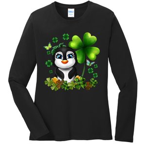 Girls St Patricks Day Gift For Penguin Kids Green Shamrock Women Gift Ladies Long Sleeve Shirt