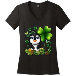 Girls St Patricks Day Gift For Penguin Kids Green Shamrock Women Gift Women's V-Neck T-Shirt