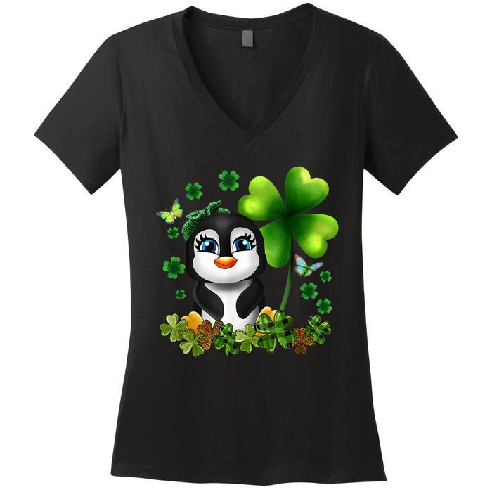 Girls St Patricks Day Gift For Penguin Kids Green Shamrock Women Gift Women's V-Neck T-Shirt