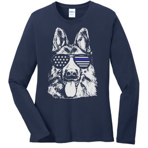 German Shepherd Police Flag Ladies Long Sleeve Shirt