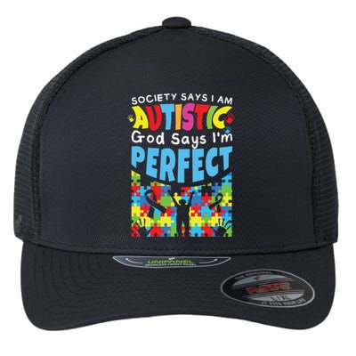 God Says Perfect Colorful Puzzle Autism Awareness Gift Flexfit Unipanel Trucker Cap