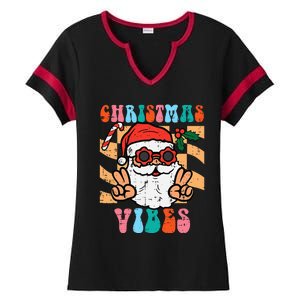 Groovy Santa Peace Christmas Vibes Retro Xmas Ladies Halftime Notch Neck Tee