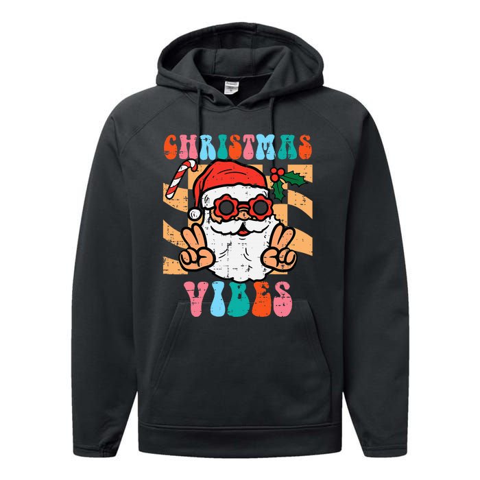 Groovy Santa Peace Christmas Vibes Retro Xmas Performance Fleece Hoodie