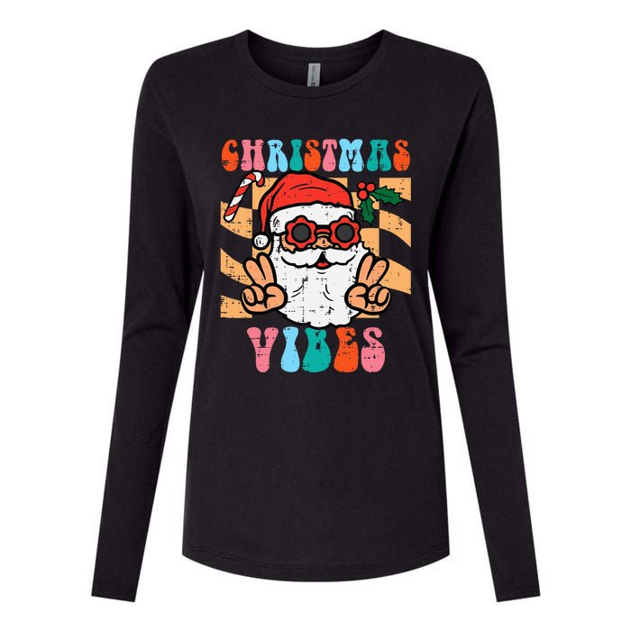 Groovy Santa Peace Christmas Vibes Retro Xmas Womens Cotton Relaxed Long Sleeve T-Shirt