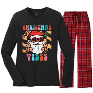 Groovy Santa Peace Christmas Vibes Retro Xmas Women's Long Sleeve Flannel Pajama Set 