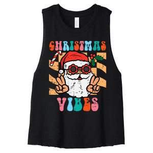 Groovy Santa Peace Christmas Vibes Retro Xmas Women's Racerback Cropped Tank