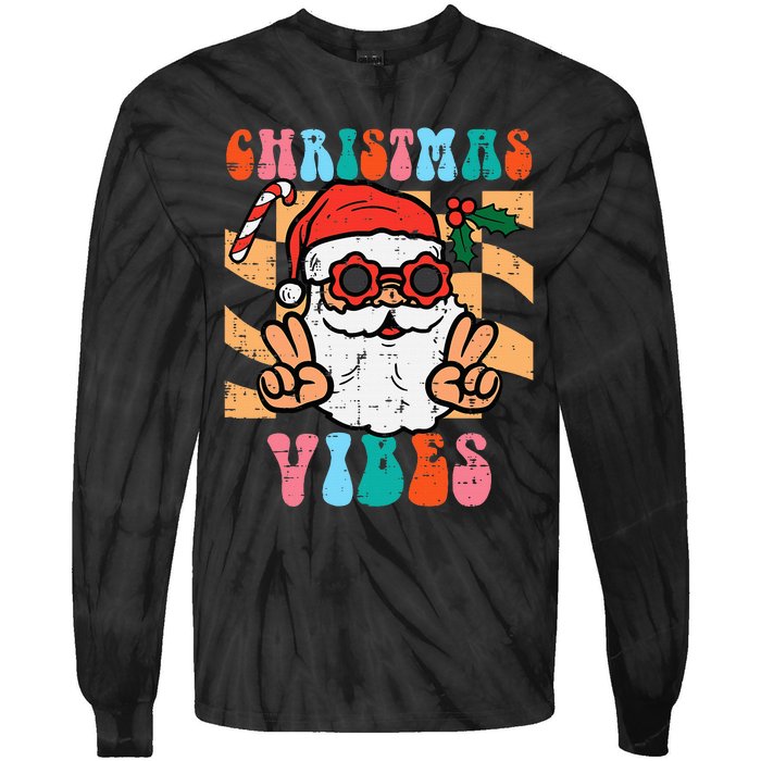 Groovy Santa Peace Christmas Vibes Retro Xmas Tie-Dye Long Sleeve Shirt