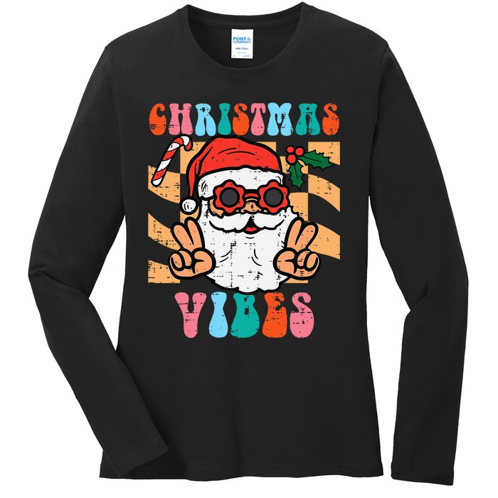 Groovy Santa Peace Christmas Vibes Retro Xmas Ladies Long Sleeve Shirt