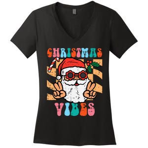 Groovy Santa Peace Christmas Vibes Retro Xmas Women's V-Neck T-Shirt