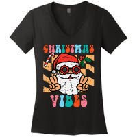 Groovy Santa Peace Christmas Vibes Retro Xmas Women's V-Neck T-Shirt