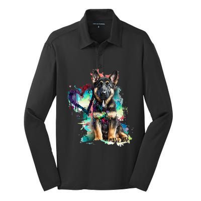 German Shepherd Puppy Mom Lover Watercolor Painting Heart Silk Touch Performance Long Sleeve Polo