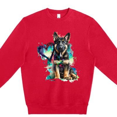 German Shepherd Puppy Mom Lover Watercolor Painting Heart Premium Crewneck Sweatshirt