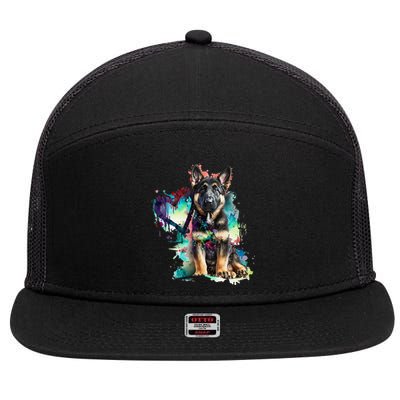 German Shepherd Puppy Mom Lover Watercolor Painting Heart 7 Panel Mesh Trucker Snapback Hat