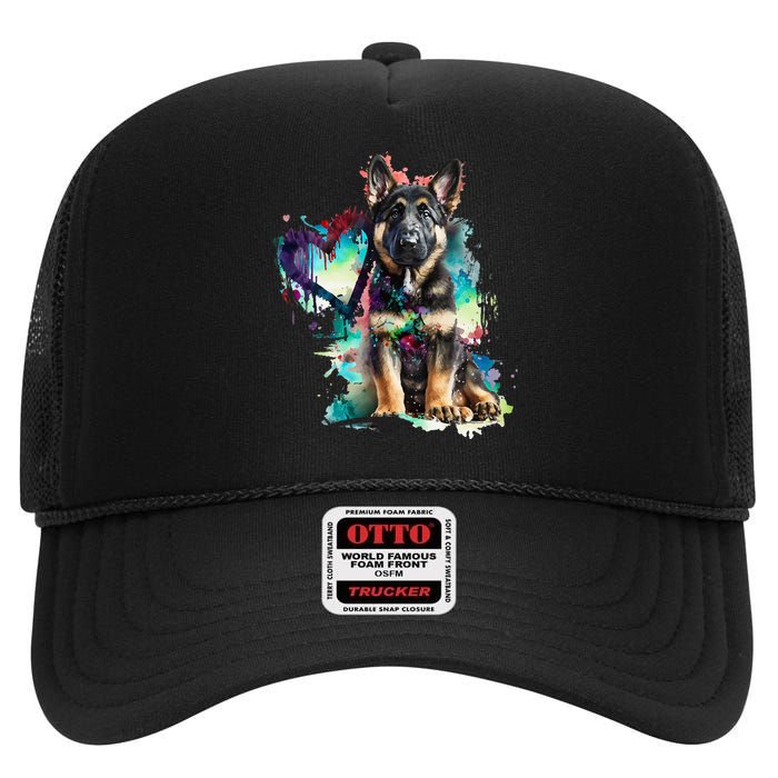 German Shepherd Puppy Mom Lover Watercolor Painting Heart High Crown Mesh Back Trucker Hat