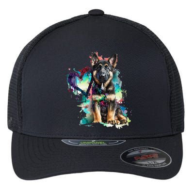 German Shepherd Puppy Mom Lover Watercolor Painting Heart Flexfit Unipanel Trucker Cap