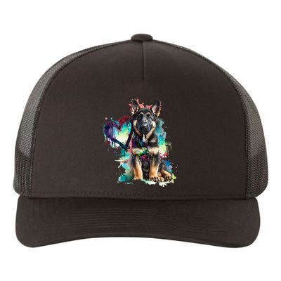 German Shepherd Puppy Mom Lover Watercolor Painting Heart Yupoong Adult 5-Panel Trucker Hat