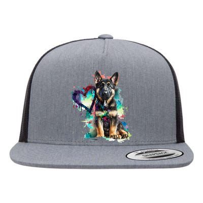 German Shepherd Puppy Mom Lover Watercolor Painting Heart Flat Bill Trucker Hat