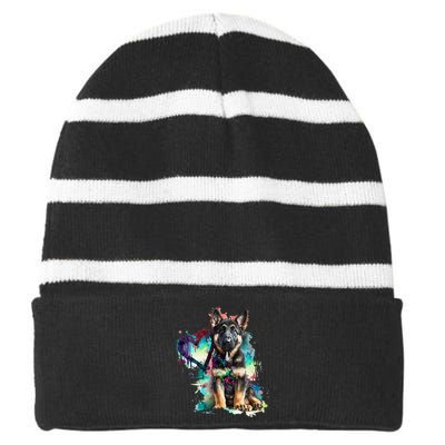 German Shepherd Puppy Mom Lover Watercolor Painting Heart Striped Beanie with Solid Band