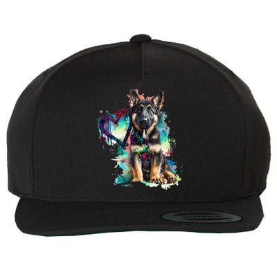 German Shepherd Puppy Mom Lover Watercolor Painting Heart Wool Snapback Cap