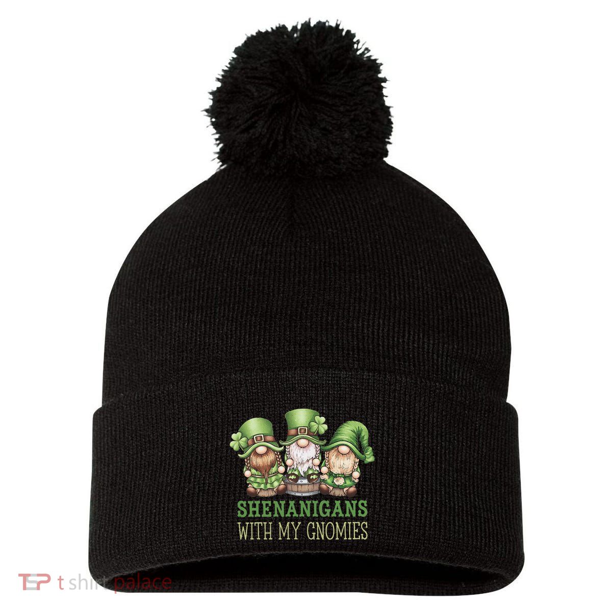 Gnome St Patricks Day Lucky Shamrock Leopard Gnomes Green .Png Pom Pom 12in Knit Beanie