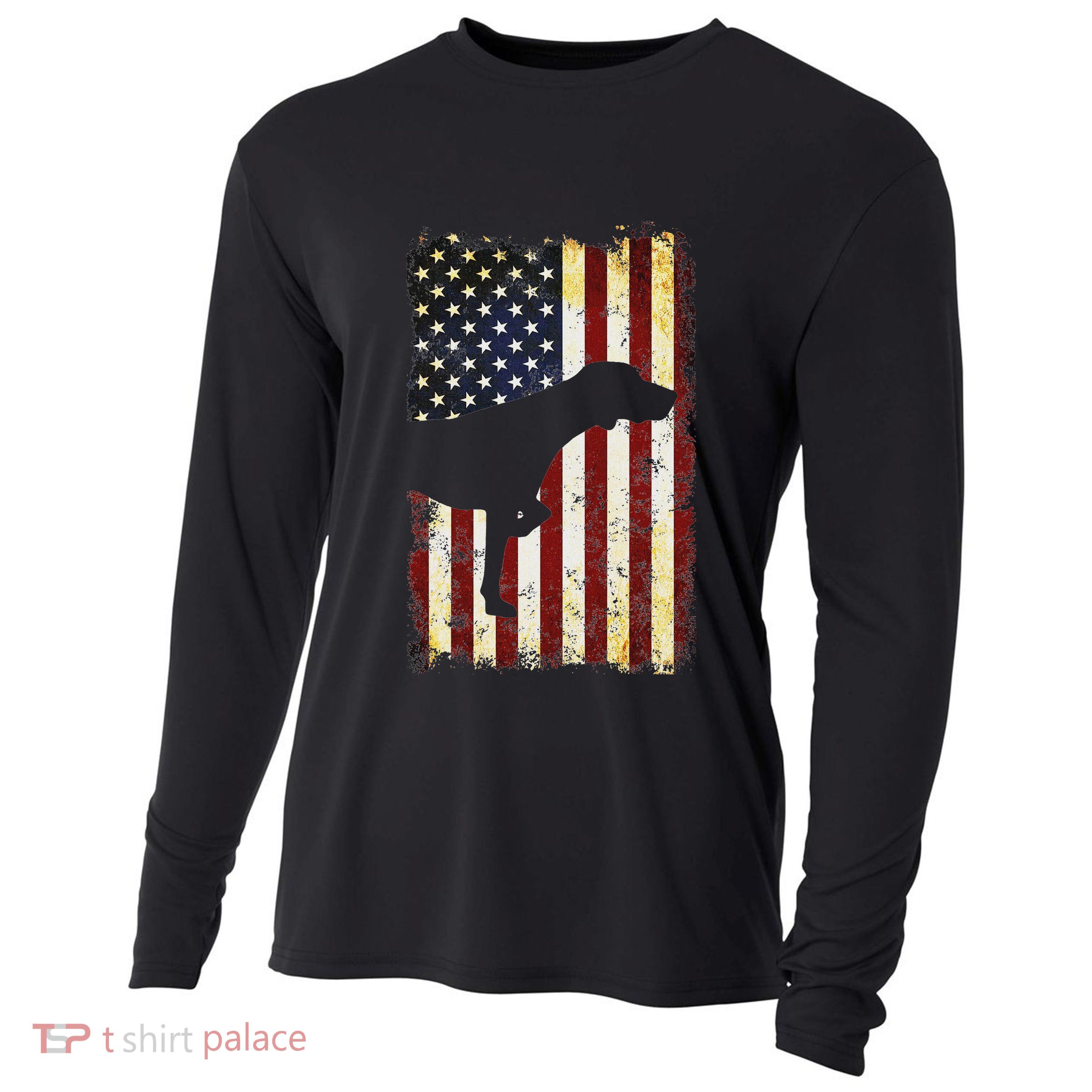 German Shorthaired Pointer Silhouette American Flag Cooling Performance Long Sleeve Crew
