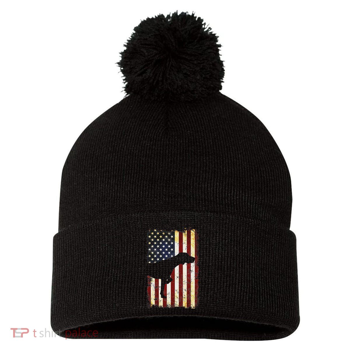 German Shorthaired Pointer Silhouette American Flag Pom Pom 12in Knit Beanie